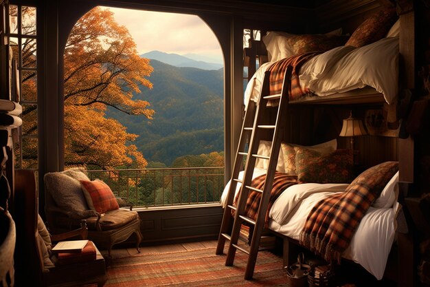 A bedroom with bunk beds and a window with a view of the outside