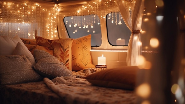 A bedroom with a candle lit up with a white curtain and a bed with a pillow on it.