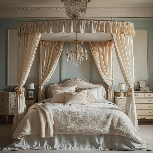 Photo a bedroom with a chandelier hanging from the ceiling