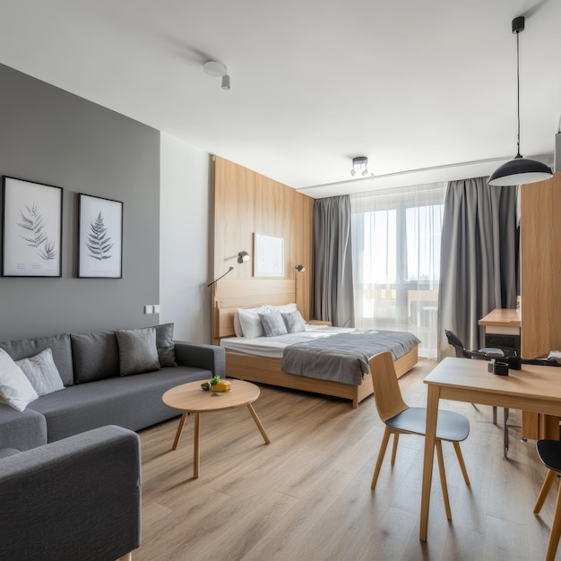 Photo a bedroom with a couch coffee table and a window with a view of the city