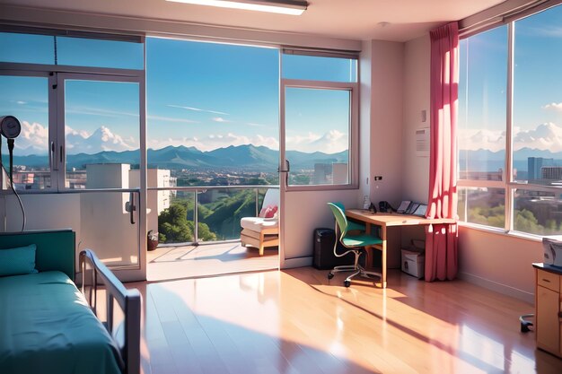 A bedroom with a desk and a chair in front of a window that says " mountain ".