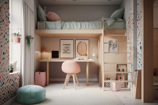 A bedroom with a desk and a chair