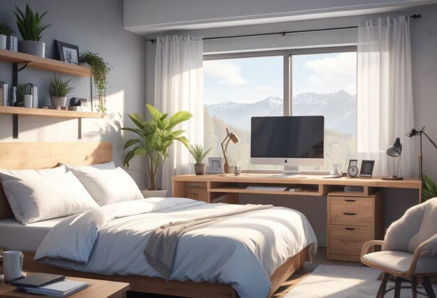 a bedroom with a desk a monitor a laptop a book and a window