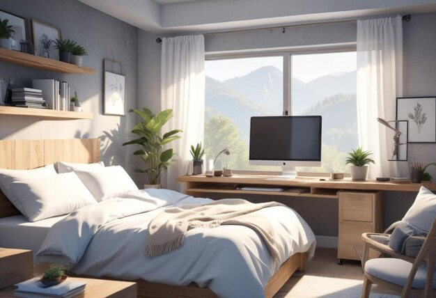 a bedroom with a desk a monitor a laptop a book and a window