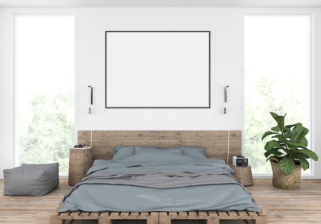 Bedroom with empty black frame, horizontal artwork