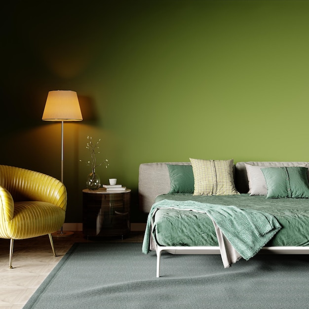 Bedroom with empty green wall for art with green bed and yellow armchair with included floor lamp 3D rendering