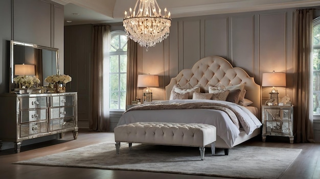 a bedroom with a fireplace and a chandelier with a chandelier above it