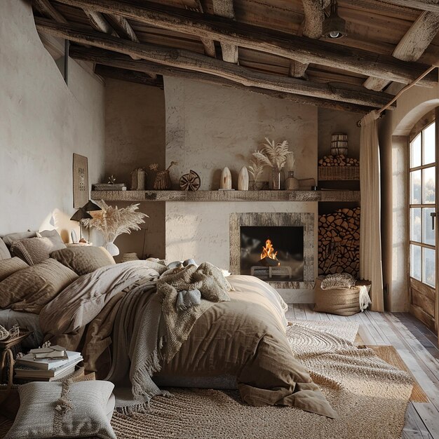 Photo a bedroom with a fireplace and a fireplace with a fire place in the corner