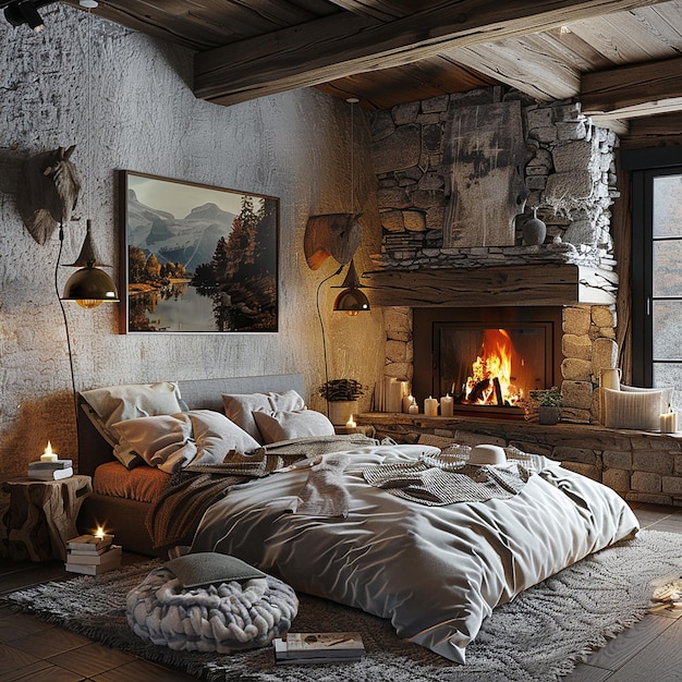 a bedroom with a fireplace and a fireplace with a picture of a mountain on the wall