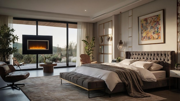 Photo a bedroom with a fireplace and a fireplace