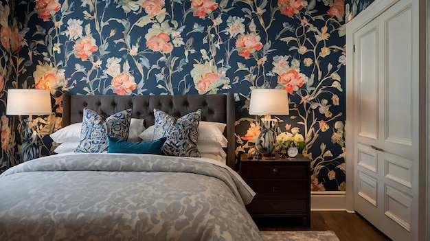 Photo a bedroom with a floral wallpaper with a floral print