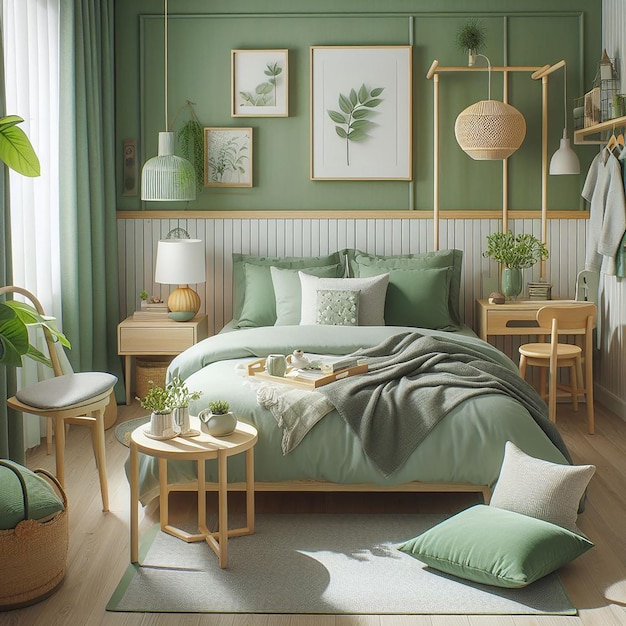 a bedroom with a green bed and a green and white bed with a green headboard