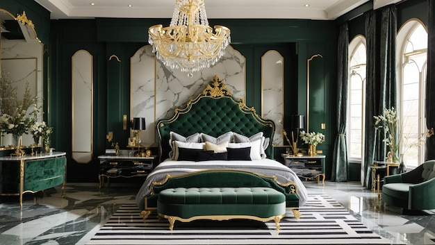 bedroom with a green velvet bed matching bench and two black and white striped rugs