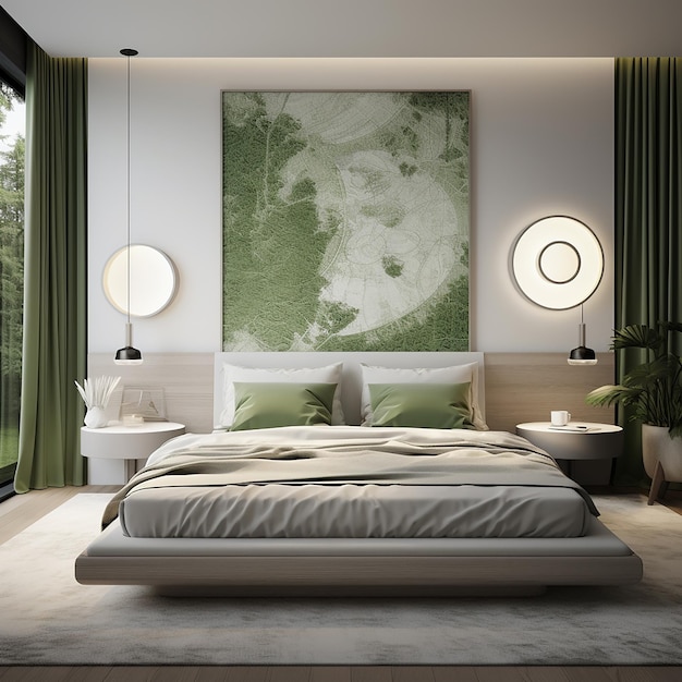 a bedroom with a green and white poster on the wall and a green curtain