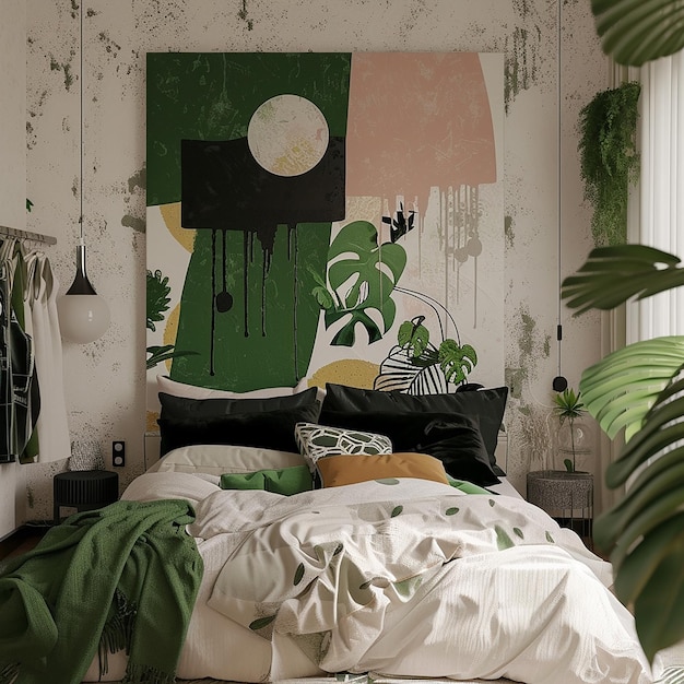 Photo a bedroom with a green and yellow painting on the wall and a green plant on the wall