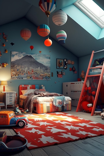 A bedroom with a ladder and a bed with a blue and orange rug.