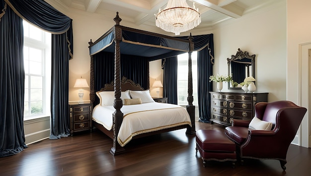 Photo a bedroom with a large bed and a chandelier