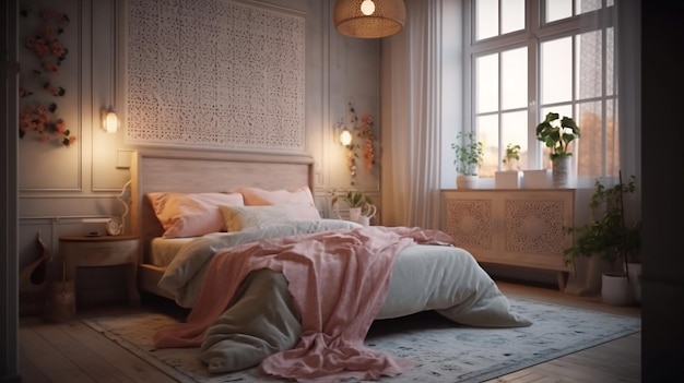 A bedroom with a large wall hanging above the bed and a bed with a pink pillow on it.