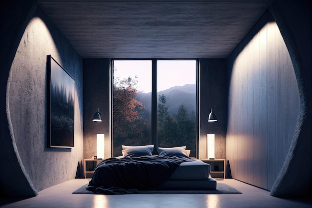 A bedroom with a large window and a bed a 3D render