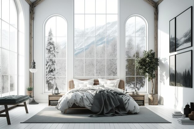 A bedroom with a large window and a bed with a blanket on it.