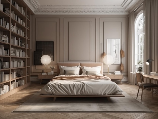 A bedroom with a large window and a bed with a white sheet on it.