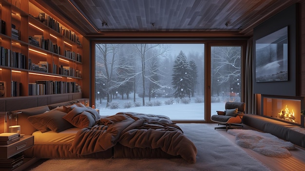 a bedroom with a large window that has a large window that has a view of the woods