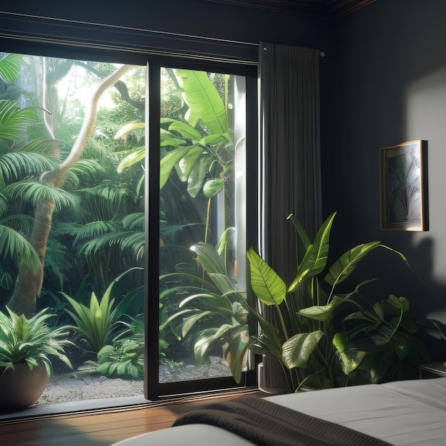 A bedroom with a large window that has a picture of a jungle.