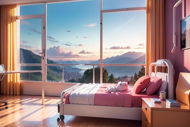 A bedroom with a large window that has a view of mountains and a mountain.