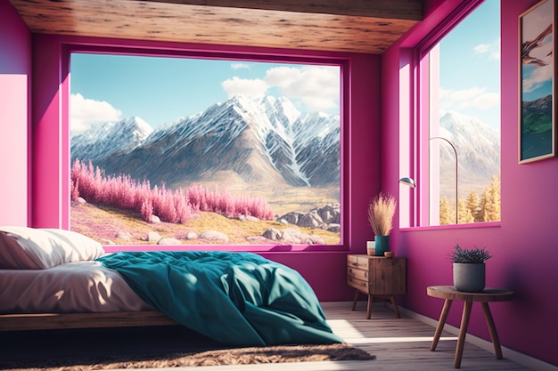 A bedroom with a large window that says the view on the top