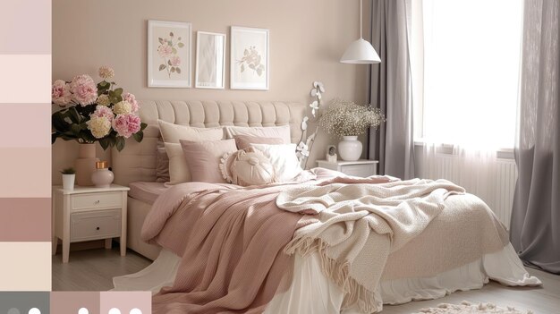 Photo a bedroom with a light pink and grey color palette a beige sofa with white legs a small coffee table