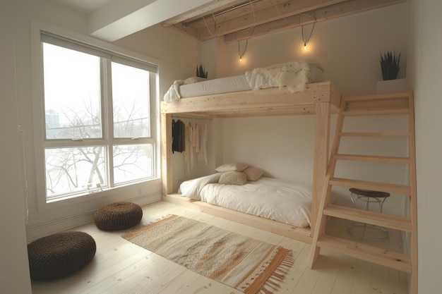 Bedroom with Loft Bed and Simple Furniture Loft bed minimalist furniture and neutral decor Spacesaving and stylish