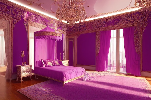 Bedroom with luxury furniture with golden pattern in purple tones large fourposter bed and golden chandelier 3d illustration