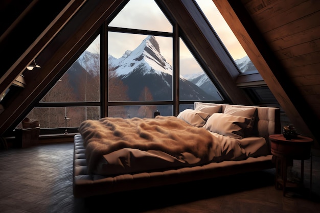 A bedroom with a mountain view and a bed with a blanket on it.