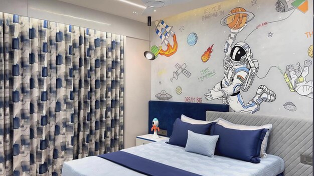 a bedroom with a mural of a fire and a picture of a fireball on the wall