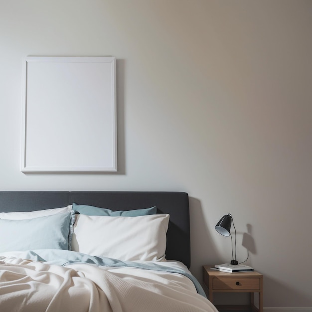 A bedroom with a neatly arranged bed an empty picture frame on the wall