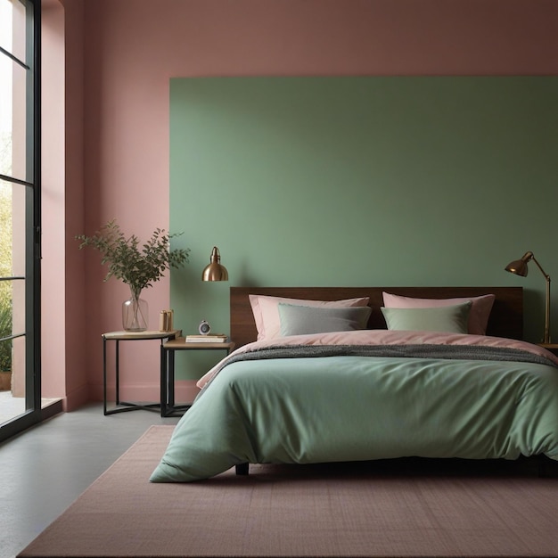 bedroom with one full pink wall