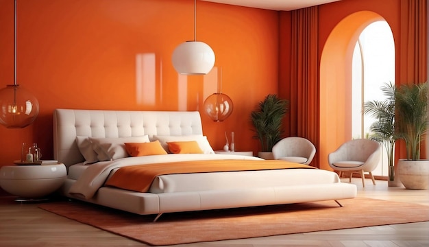 a bedroom with orange walls and a white bed with a white and orange bed