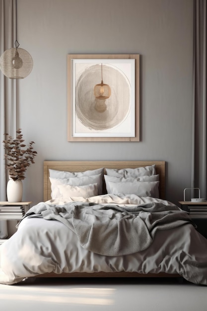 A bedroom with a painting above the bed and a lamp on the wall.