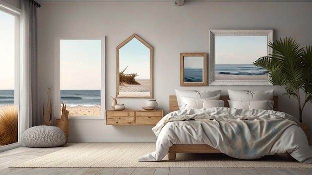 Photo a bedroom with a painting that has a ship on the wall