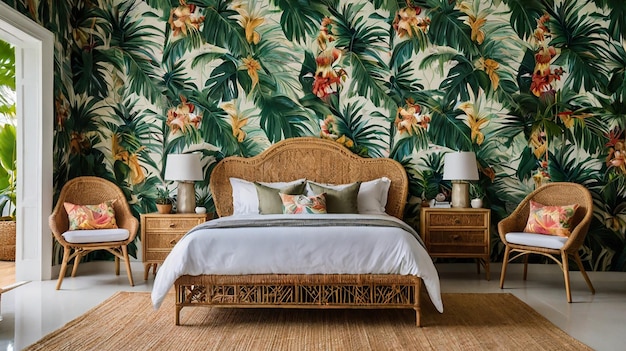 Photo a bedroom with a palm tree and a bed with a floral wallpaper