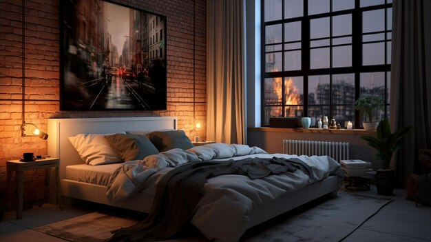 a bedroom with a picture of a city skyline and a picture of a city