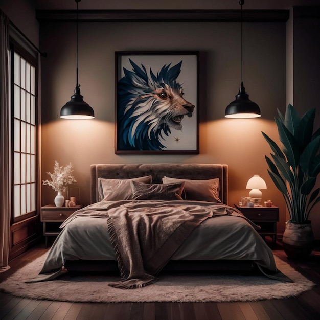 a bedroom with a picture of a dog and a picture of a wolf on the wall