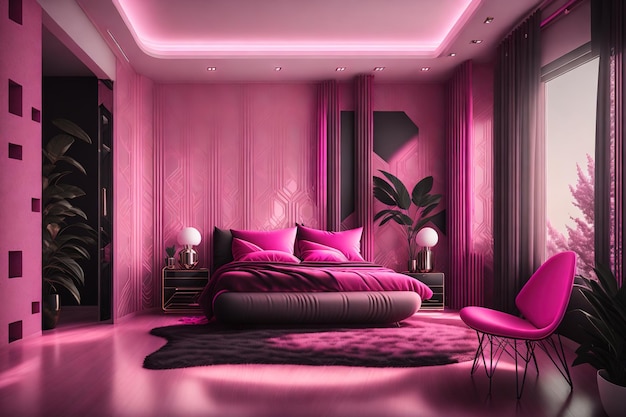 A bedroom with a pink bed and a shelf with a lamp on it.