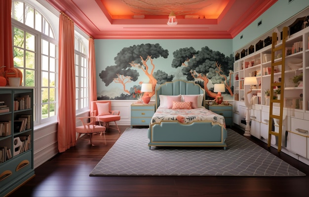 Photo a bedroom with a pink and blue theme with pink walls and a pink bed with pink bedspread.