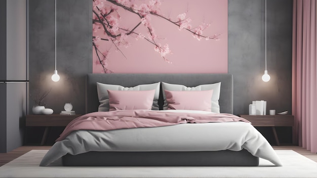 A bedroom with a pink wall behind it and a pink flower on the wall.