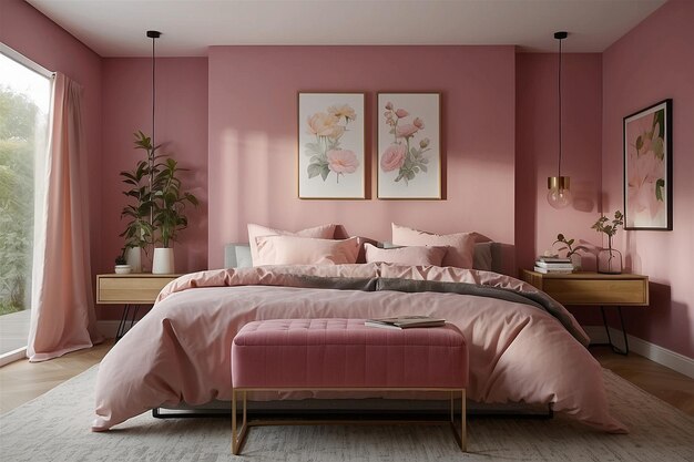 a bedroom with pink walls and a pink bed with pink flowers on the wall