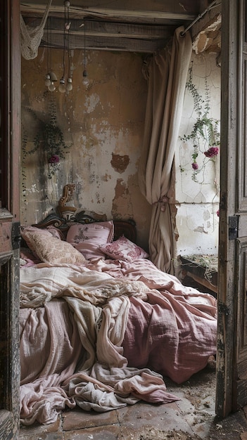 Photo a bedroom with a pink and white curtain and a pink floral curtain