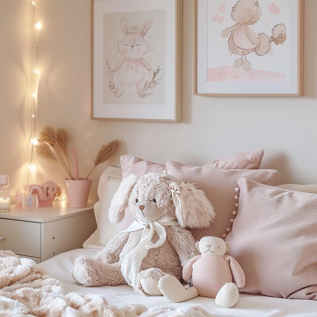 Photo a bedroom with pink and white decor and a pink bed with pink pillows