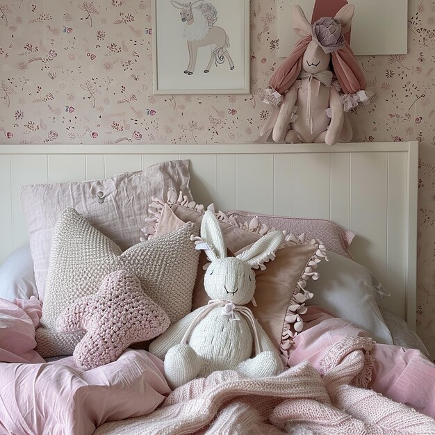 Photo a bedroom with pink and white decor and a pink bed with pink pillows