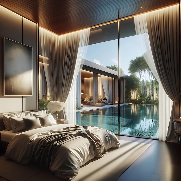 a bedroom with a pool and a large window that has a view of the pool and the pool